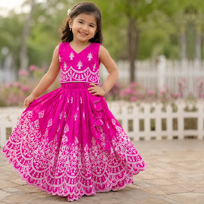 Girls Designer Embroidered Lehenga Choli Set - Rani Pink