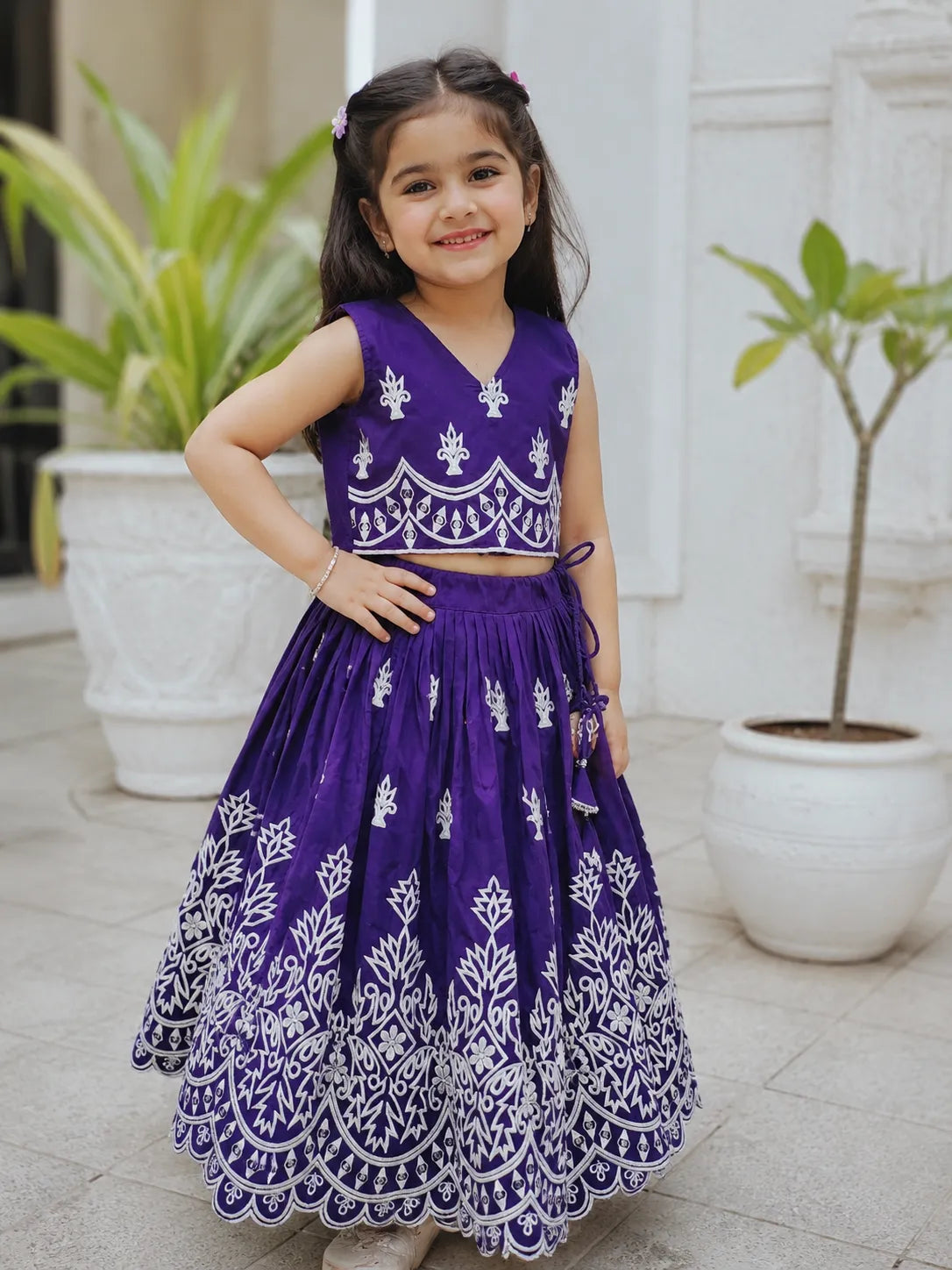 Girls Designer Embroidered Lehenga Choli Set - Royal Purple