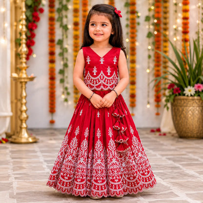 Girls Designer Embroidered Lehenga Choli Set - Ruby Red