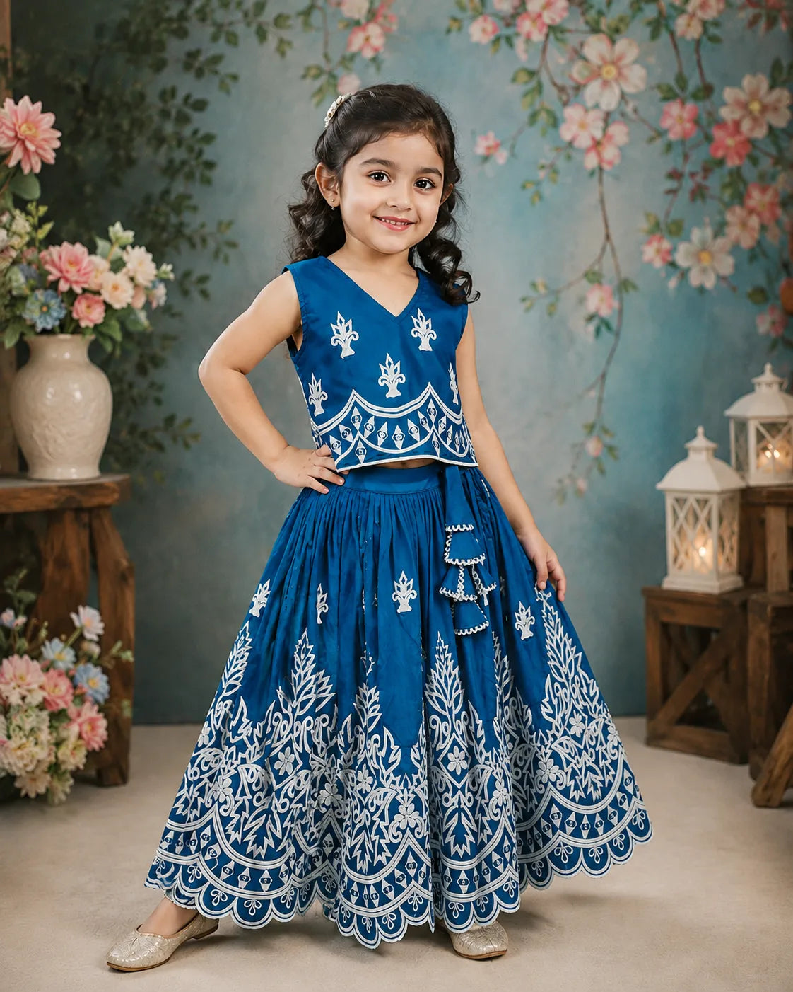 Girls Designer Embroidered Lehenga Choli Set - Teal Blue