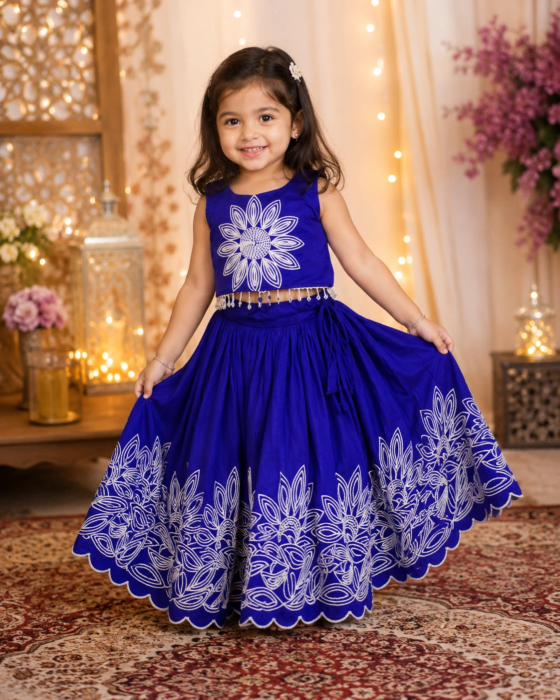 Girls Floral Embroidered Lehenga Choli Set - Royal Blue