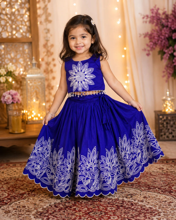 Girls Floral Embroidered Lehenga Choli Set - Royal Blue