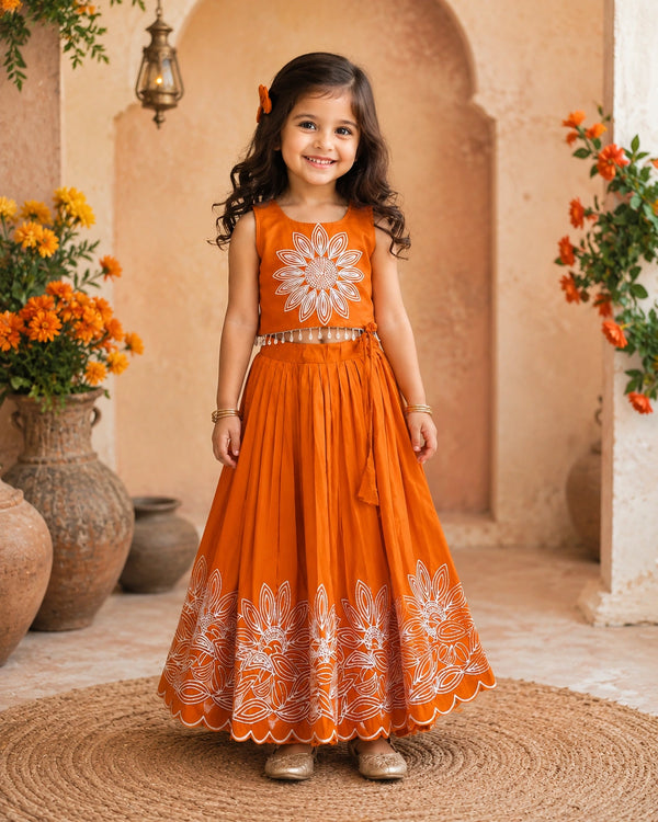 Girls Floral Embroidered Lehenga Choli Set - Rust Orange