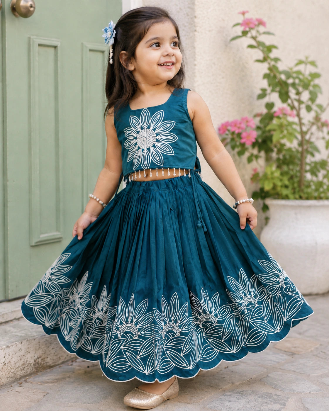 Girls Floral Embroidered Lehenga Choli Set - Peacock Teal