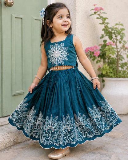 Girls Floral Embroidered Lehenga Choli Set - Peacock Teal