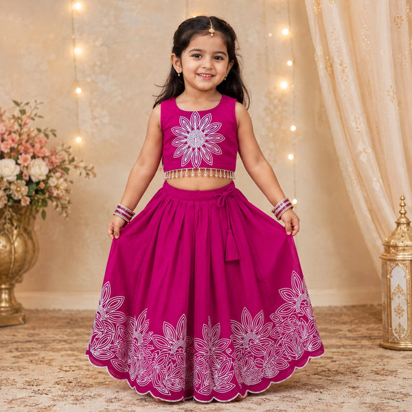 Girls Floral Embroidered Lehenga Choli Set - Rani Pink