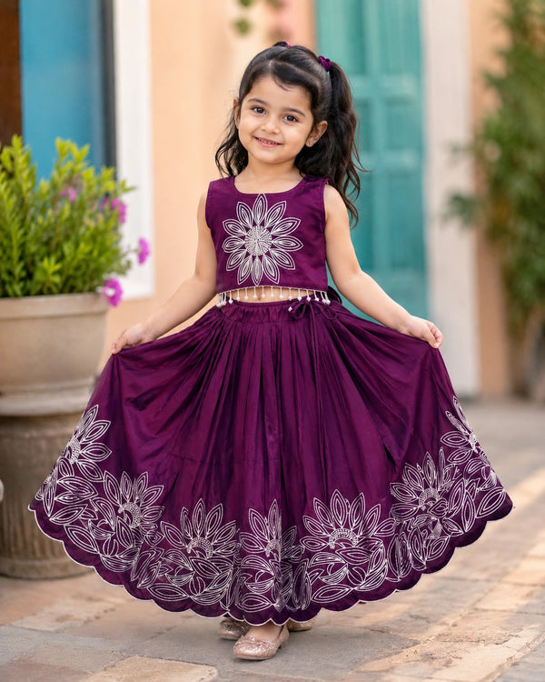 Girls Floral Embroidered Lehenga Choli Set - Wine Purple