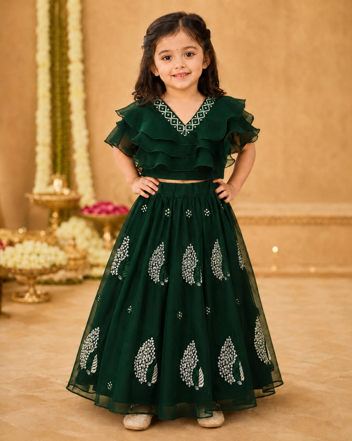 Girls Lehenga Choli Set Layered Ruffle Blouse - Emerald Green