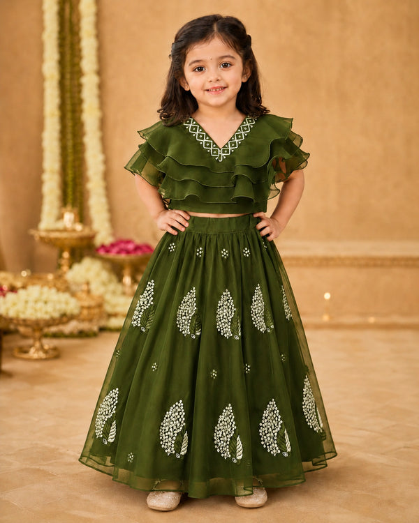 Girls Lehenga Choli Set Layered Ruffle Blouse - Mehndi