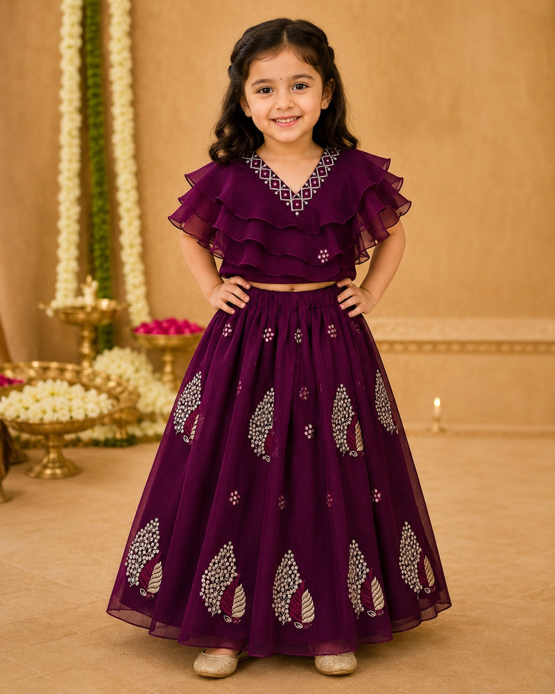 Girls Lehenga Choli Set Layered Ruffle Blouse - Wine Purple