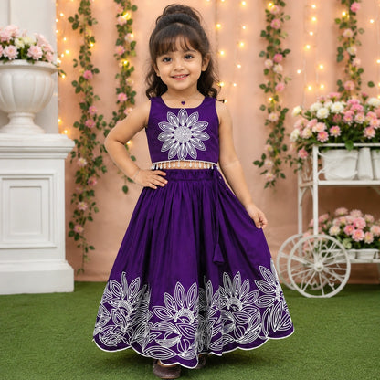 Girls Floral Embroidered Lehenga Choli Set - Deep Purple
