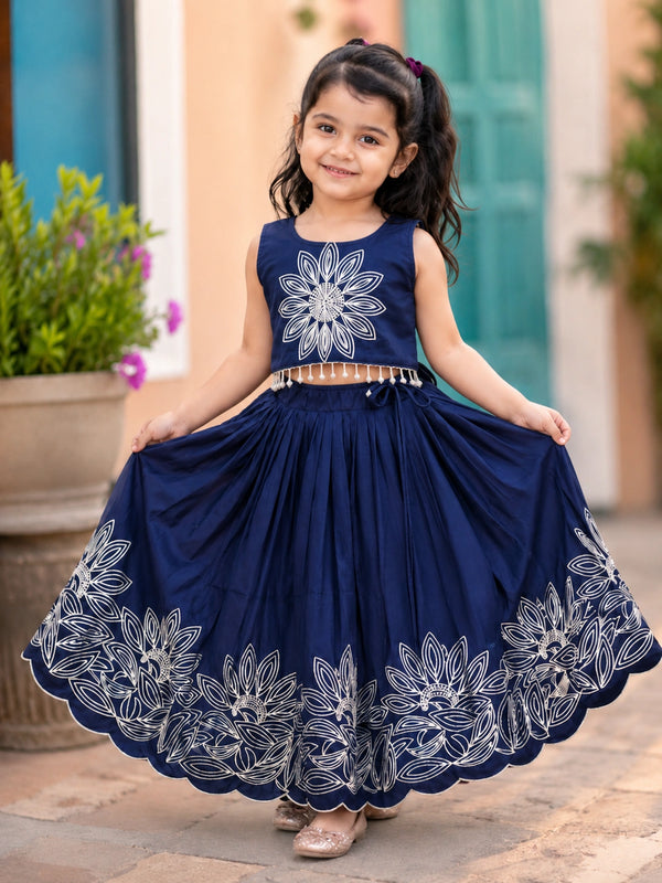Girls Floral Embroidered Lehenga Choli Set - Midnight Navy
