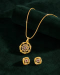 Gold Lattice Rectangle Pendant Set with Ruby & CZ Stones