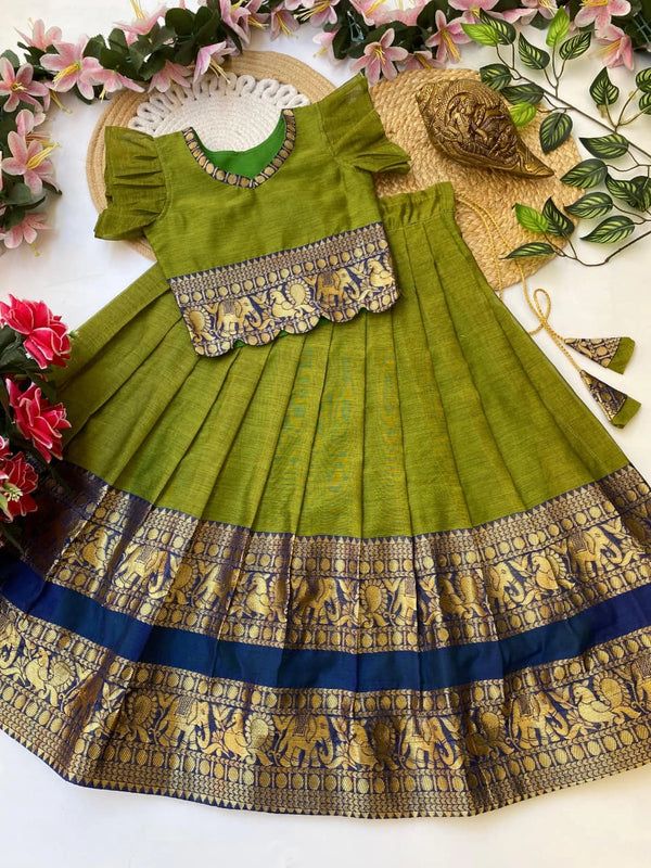 Green traditional dress with floral and leaf decorations on a white background