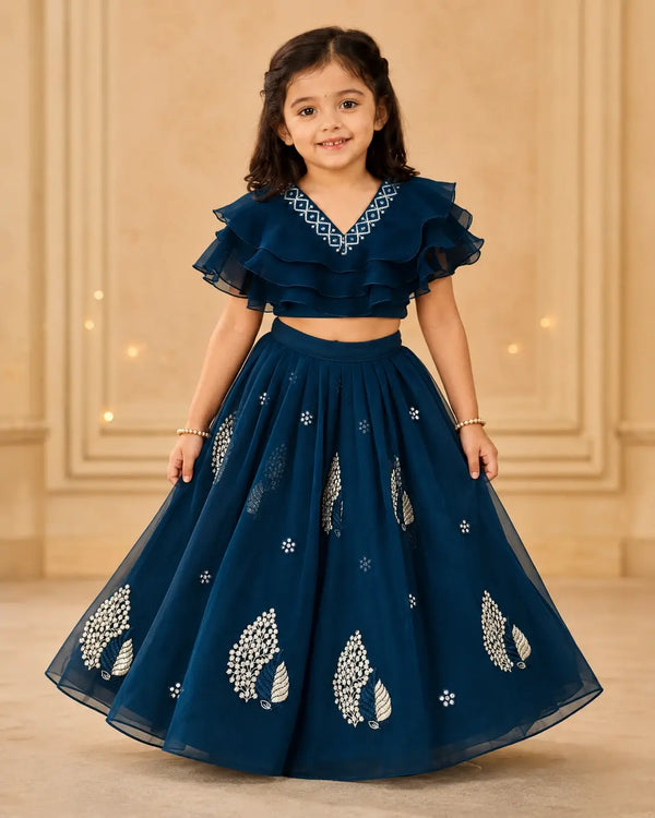 Girls Lehenga Choli Set Layered Ruffle Blouse - Sapphire Blue