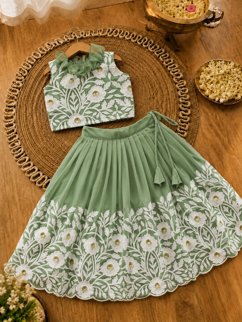 Royal Embroidered Lehenga Set for Girls - Mint Green