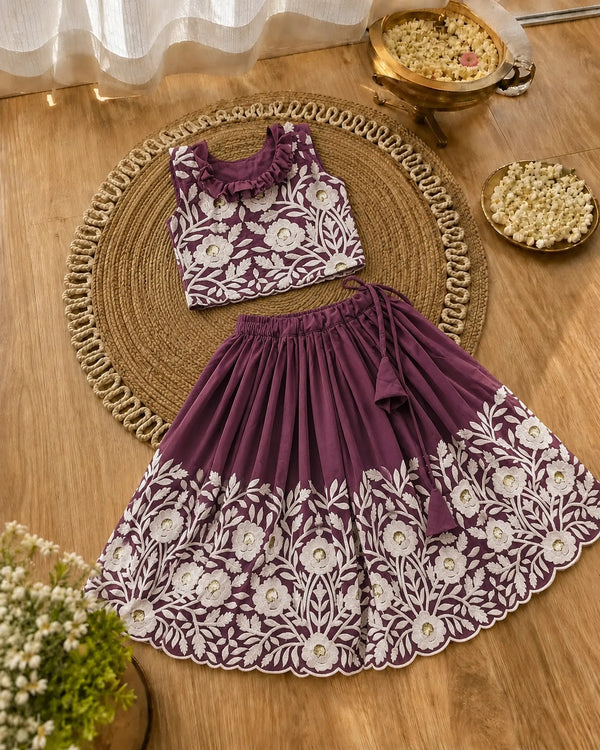 Royal Embroidered Lehenga Set for Girls - Plum Purple