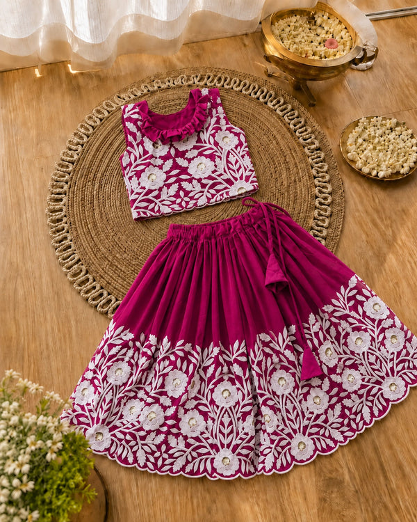 Royal Embroidered Lehenga Set for Girls - Rani Pink