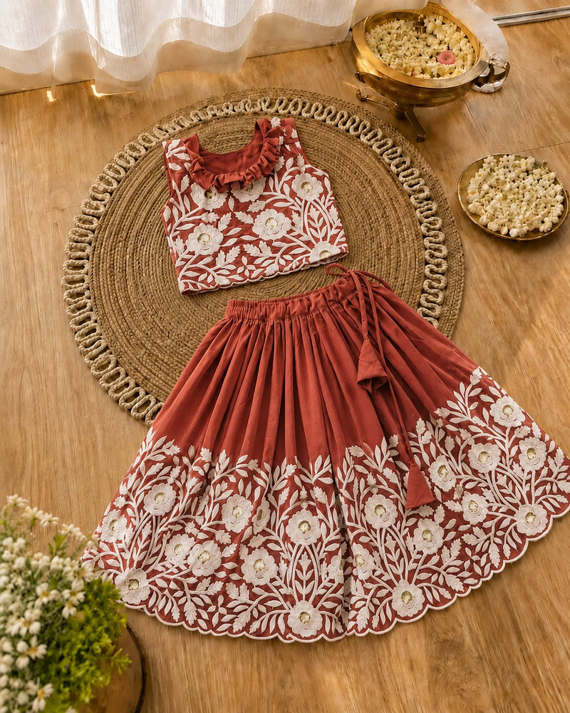 Royal Embroidered Lehenga Set for Girls - Rust Orange