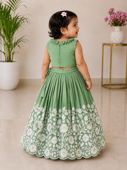 Royal Embroidered Lehenga Set for Girls - Mint Green