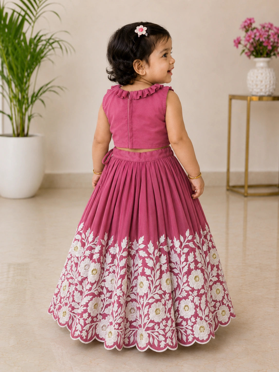 Royal Embroidered Lehenga Set for Girls - Rose Pink