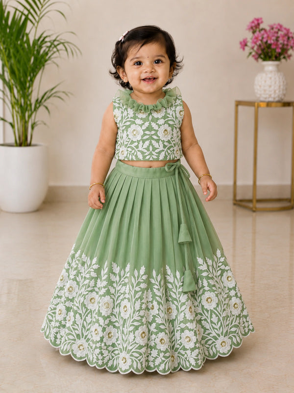 Royal Embroidered Lehenga Set for Girls - Mint Green