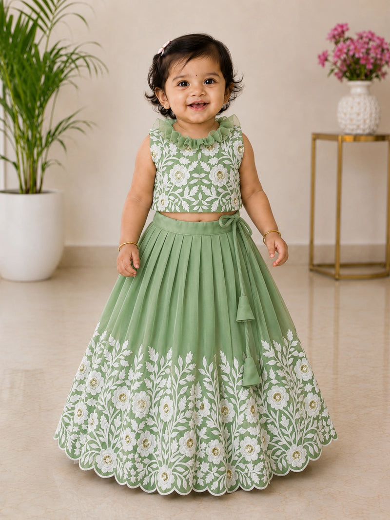 Royal Embroidered Lehenga Set for Girls - Mint Green