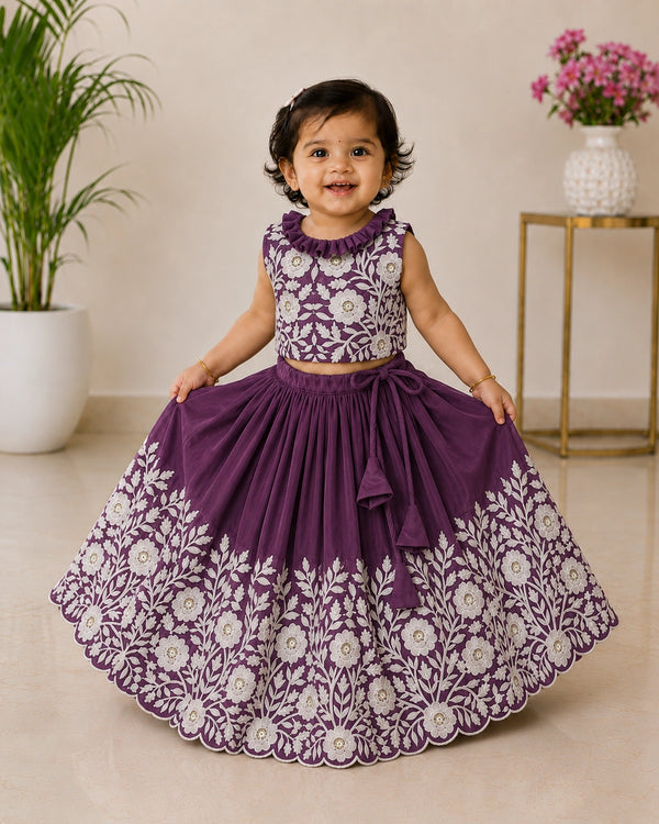 Royal Embroidered Lehenga Set for Girls - Plum Purple