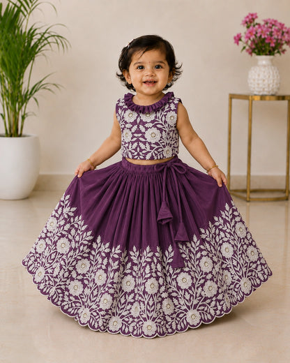 Royal Embroidered Lehenga Set for Girls - Plum Purple