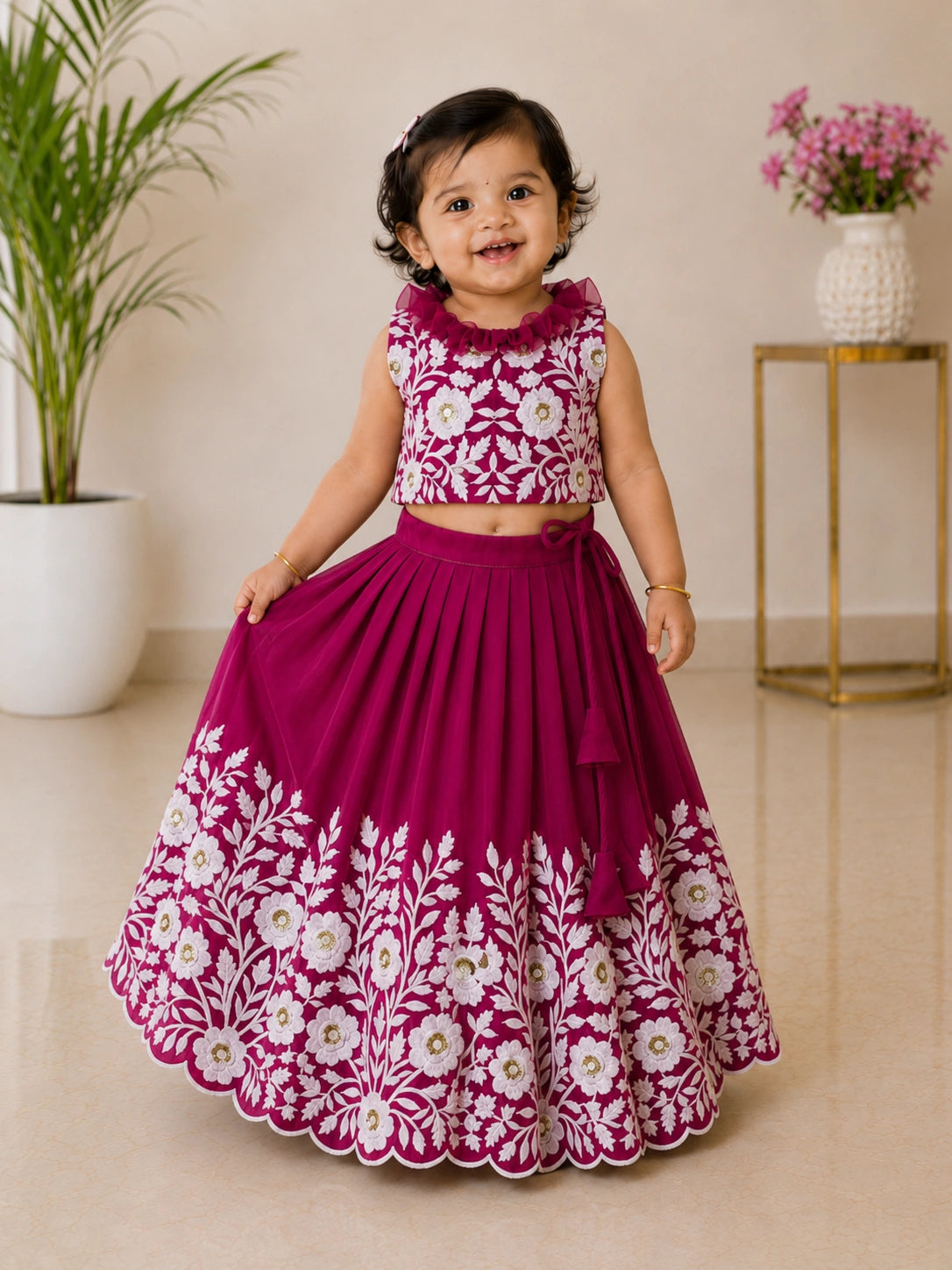 Royal Embroidered Lehenga Set for Girls - Rani Pink