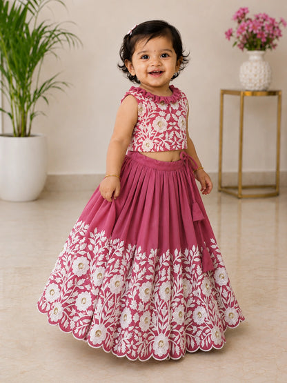 Royal Embroidered Lehenga Set for Girls - Rose Pink