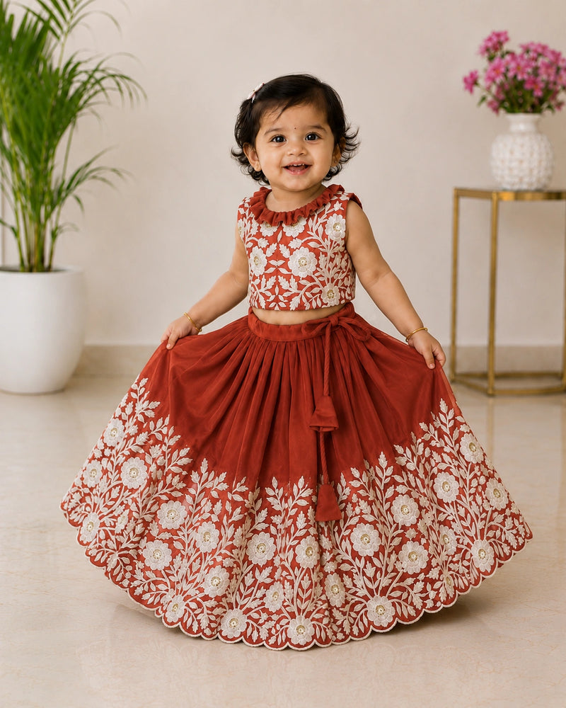 Royal Embroidered Lehenga Set for Girls - Rust Orange
