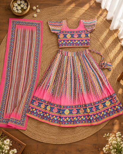 Girls Pink Printed Lehenga Choli Set with Multicolour Borders