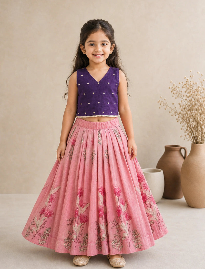 Girls Purple & Pink Floral Lehenga Choli Set
