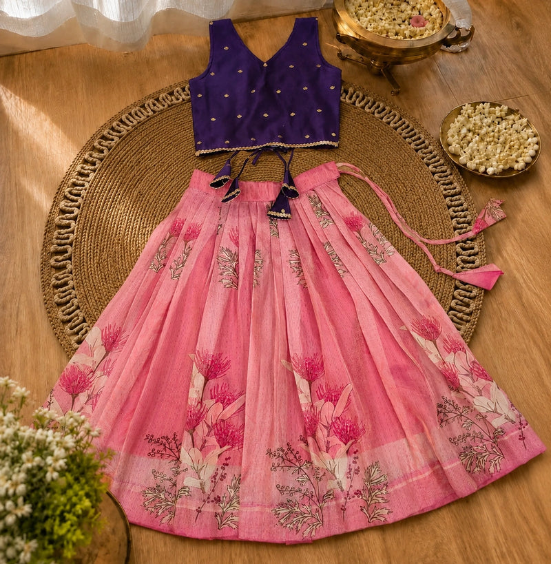 Girls Purple & Pink Floral Lehenga Choli Set
