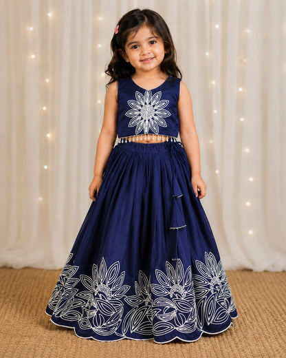 Girls Floral Embroidered Lehenga Choli Set - Midnight Navy