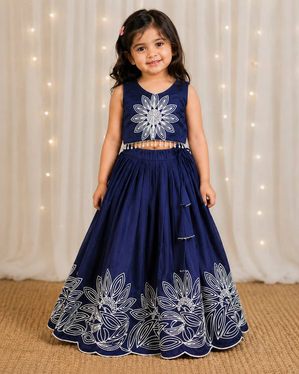 Girls Floral Embroidered Lehenga Choli Set - Midnight Navy