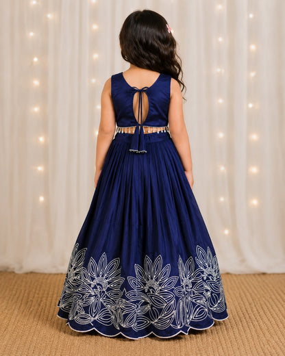 Girls Floral Embroidered Lehenga Choli Set - Midnight Navy