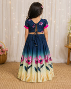 Girls Floral Print Lehenga Choli Set with Dupatta - Navy Blue Ombre