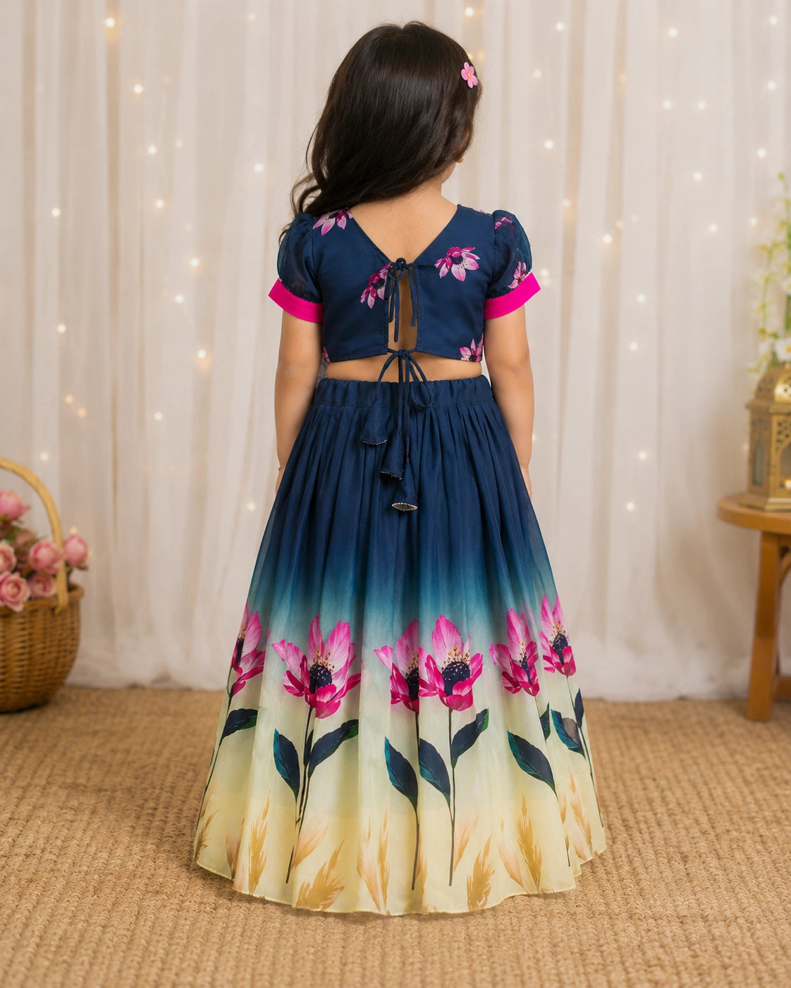 Girls Floral Print Lehenga Choli Set with Dupatta - Navy Blue Ombre