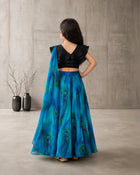 Girls Peacock Print Lehenga Choli Set with Dupatta - Black & Blue