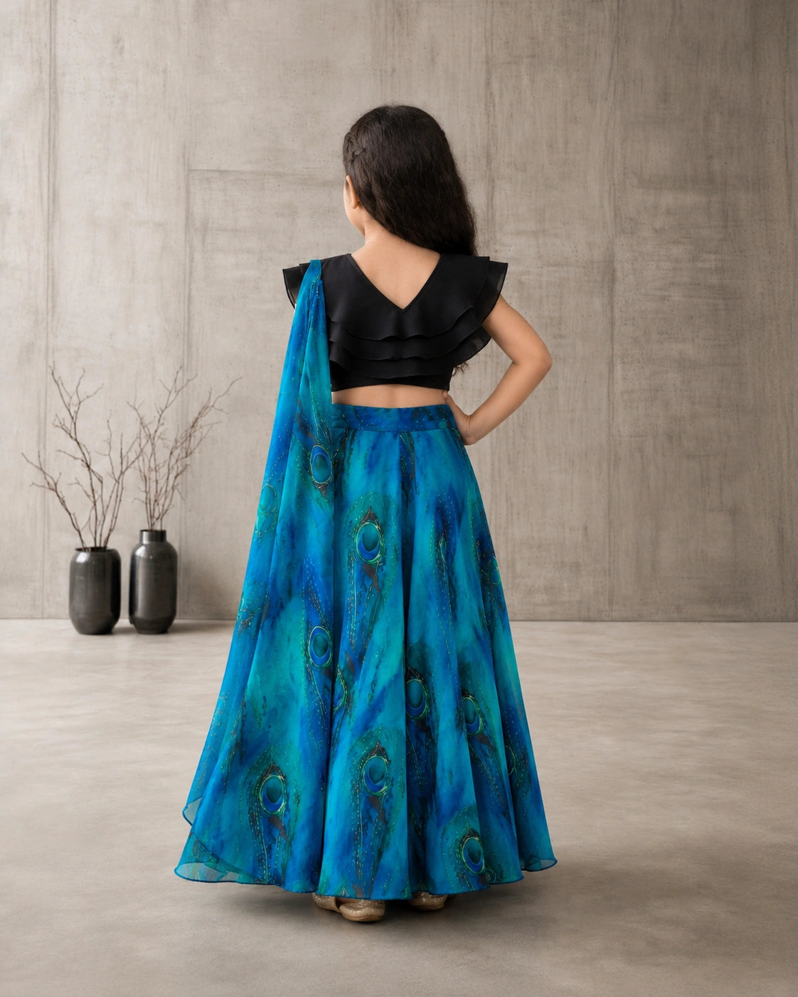 Girls Peacock Print Lehenga Choli Set with Dupatta - Black & Blue