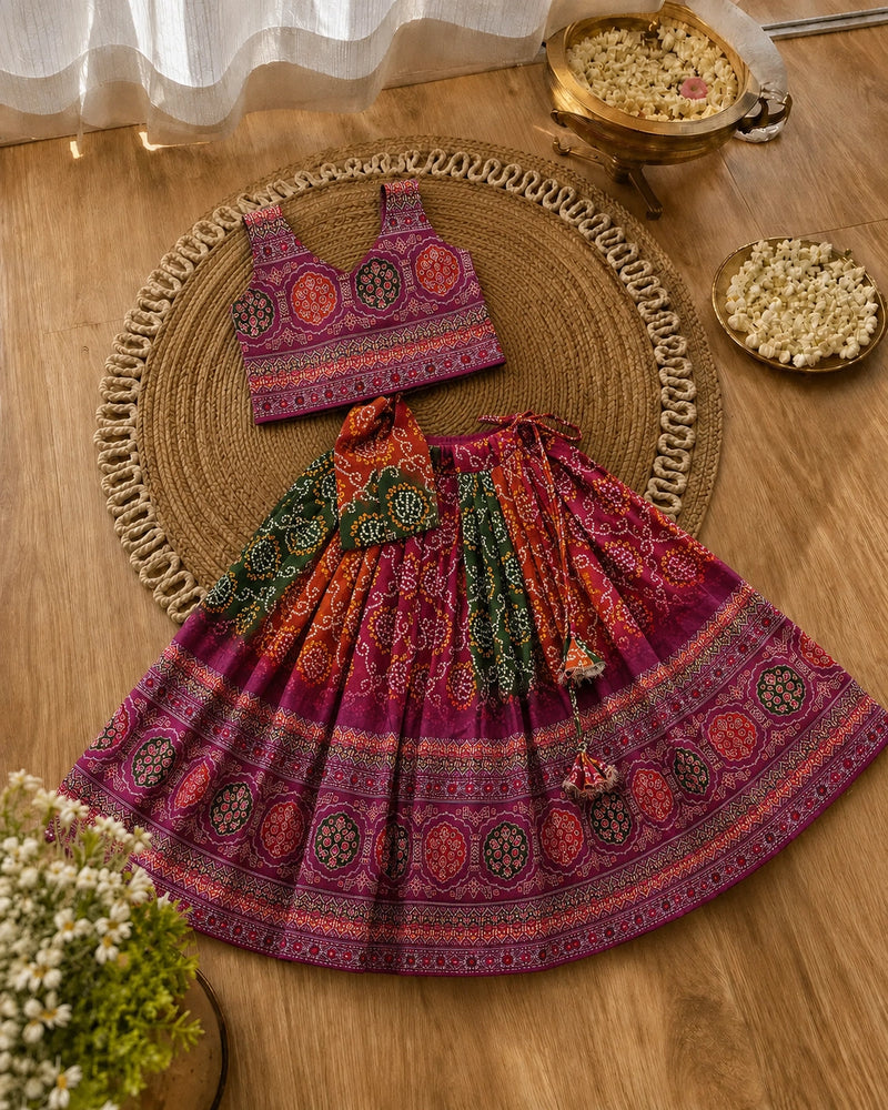 Girls Bandhani Lehenga Choli Set – Multicolor Festive Ethnic Wear