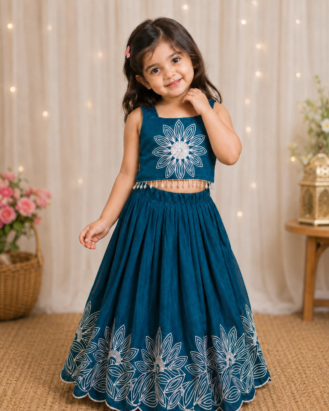 Girls Floral Embroidered Lehenga Choli Set - Peacock Teal
