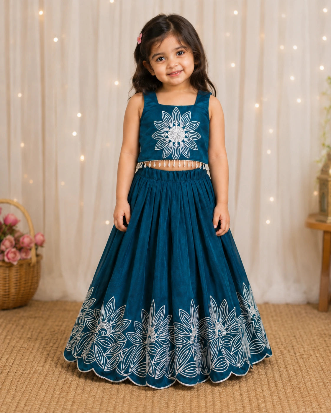 Girls Floral Embroidered Lehenga Choli Set - Peacock Teal