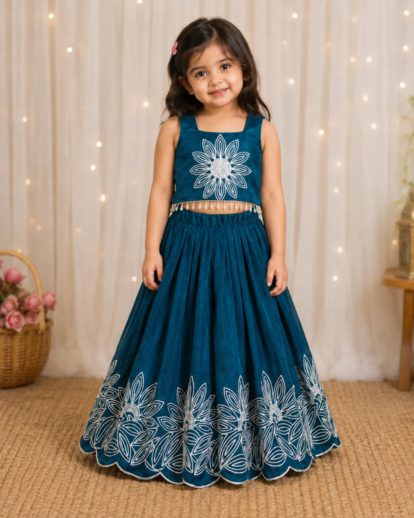 Girls Floral Embroidered Lehenga Choli Set - Peacock Teal