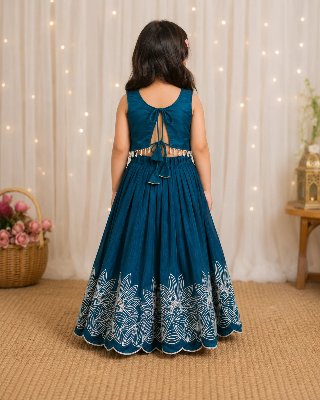Girls Floral Embroidered Lehenga Choli Set - Peacock Teal