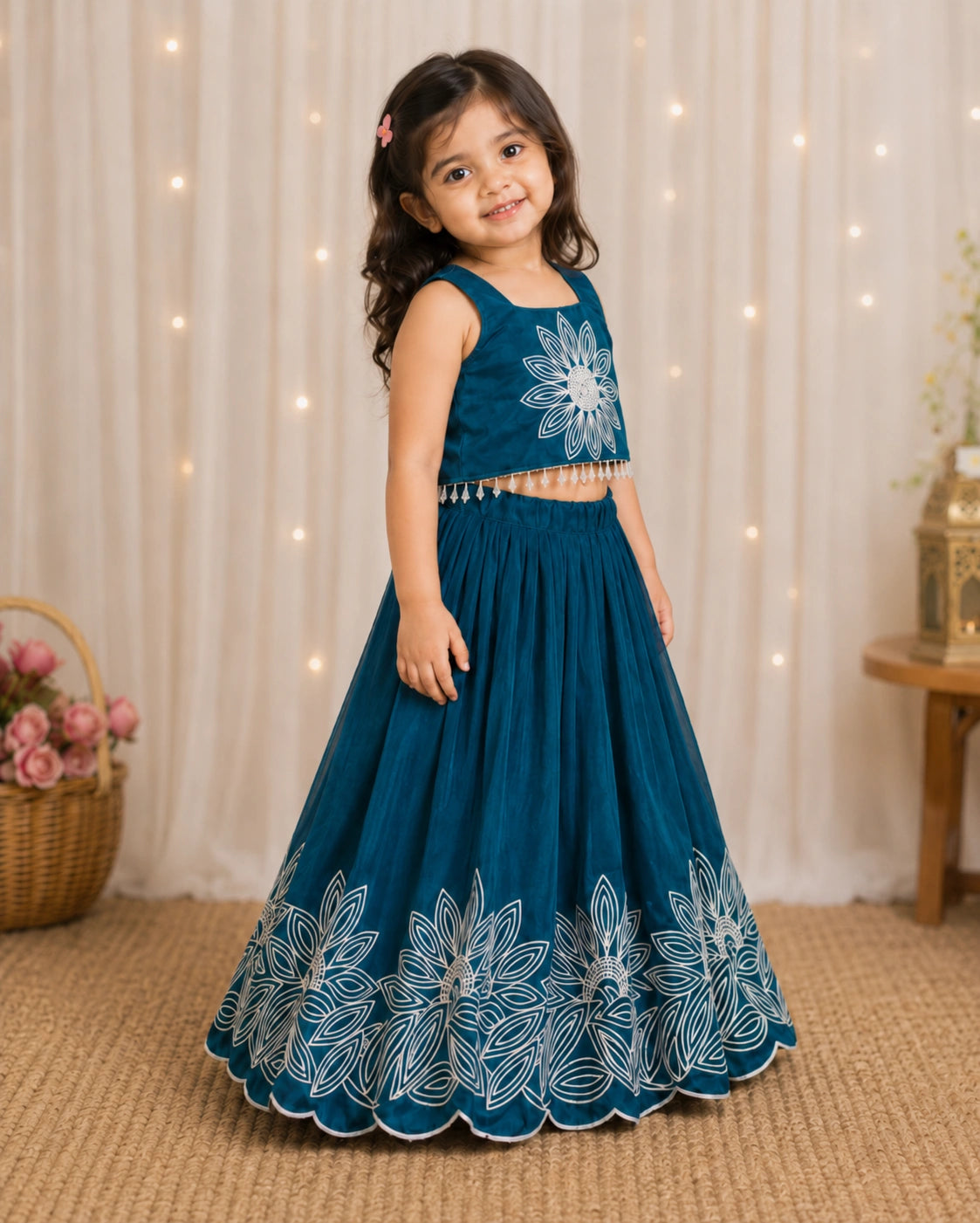 Girls Floral Embroidered Lehenga Choli Set - Peacock Teal