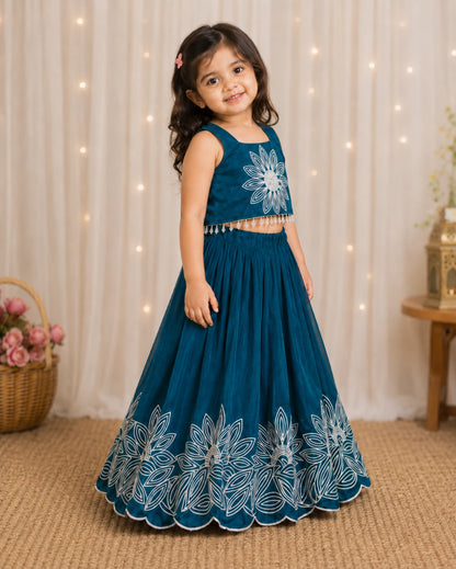 Girls Floral Embroidered Lehenga Choli Set - Peacock Teal