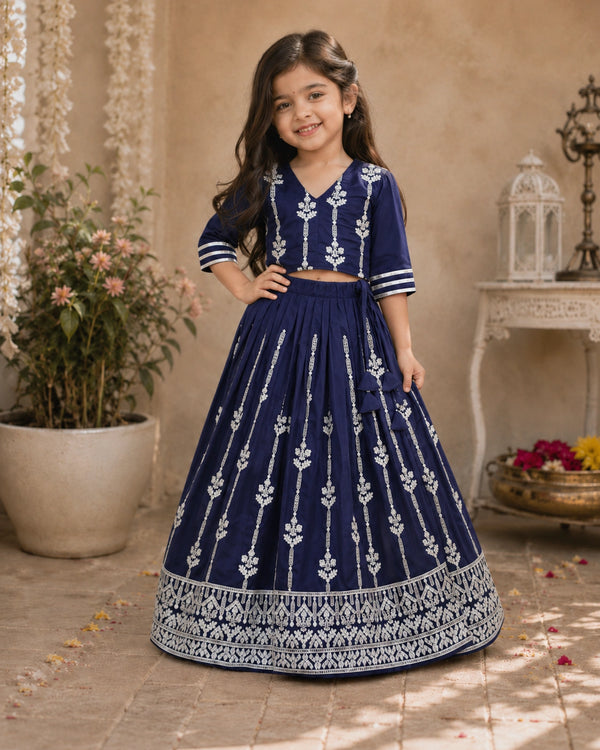 Girls Designer Ethnic Lehenga Set - Navy Blue
